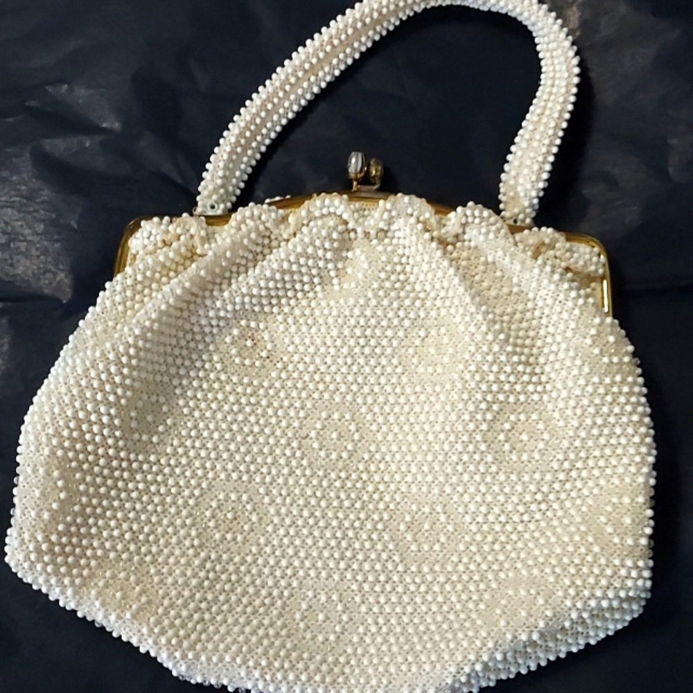 Lumbered Beaded Roomy Purse Ivory/Clear Beads